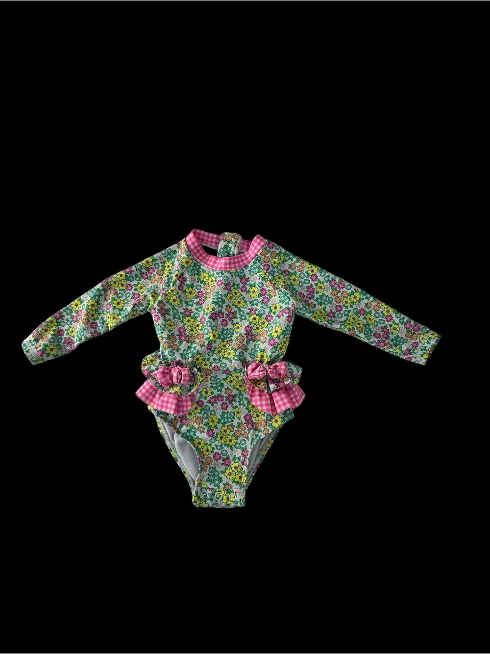 Nicole Miller Floral Long-Sleeve One-Piece Swimsuit with Pink Gingham Ruffles